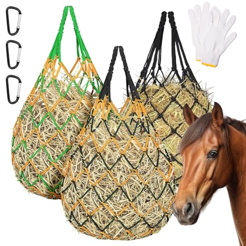3 Pack Slow Feed Hay Nets for Horses, 40-Inch Durable Mesh Hay Bags with Carabiners and Gloves, Durable Hanging Hay Net for Goat Sheep, Livestock Hay Feeder for Stable Trailer Pasture - size: 3 Pack