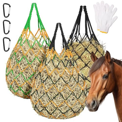 3 Pack Slow Feed Hay Nets for Horses, 40-Inch Durable Mesh Hay Bags with Carabiners and Gloves, Durable Hanging Hay Net for Goat Sheep, Livestock Hay Feeder for Stable Trailer Pasture - size: 3 Pack