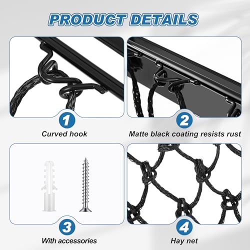 Yaocom 4 Set Black Wall Mount Hay Feeder for Horses Goats Heavy Duty Hay Rack with Net Slow Feeder Wall Mounted for Stall Barn, Easy to Install and Save Hays (Square) - color: Black