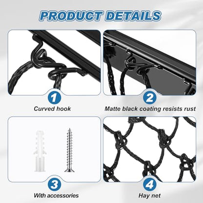 Yaocom 4 Set Black Wall Mount Hay Feeder for Horses Goats Heavy Duty Hay Rack with Net Slow Feeder Wall Mounted for Stall Barn, Easy to Install and Save Hays (Square) - color: Black