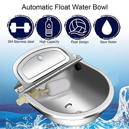 Automatic Animal Drinking Water Bowl, Stainless Steel Automatic Water Dispenser for Dogs Horses Goats, Livestock Waterer Water Trough with 2 Float Valves, Hose