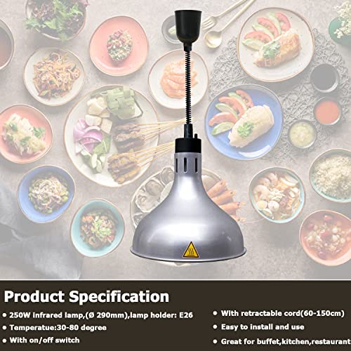 KOUDA Commercial Food Warmer Lights Telescopic Heating Lamps for Buffet Kitchen Restaurant (Dia.29cm,Adjustable Height.60-150cm) (Silver) - color: Silver