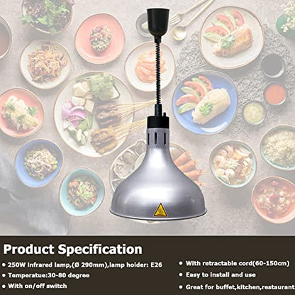 KOUDA Commercial Food Warmer Lights Telescopic Heating Lamps for Buffet Kitchen Restaurant (Dia.29cm,Adjustable Height.60-150cm) (Silver) - color: Silver