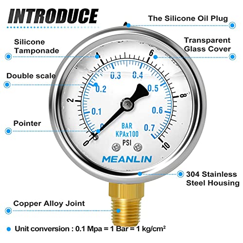 MEANLIN MEASURE 0~10Psi Stainless Steel 1/4" NPT 2.5" FACE DIAL Liquid Filled Pressure Gauge WOG Water Oil Air Lower Mount, with 1/2" NPT and 3/8" NPT Hex Bushing - size: 0-10Psi