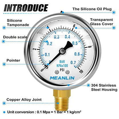 MEANLIN MEASURE 0~10Psi Stainless Steel 1/4" NPT 2.5" FACE DIAL Liquid Filled Pressure Gauge WOG Water Oil Air Lower Mount, with 1/2" NPT and 3/8" NPT Hex Bushing - size: 0-10Psi