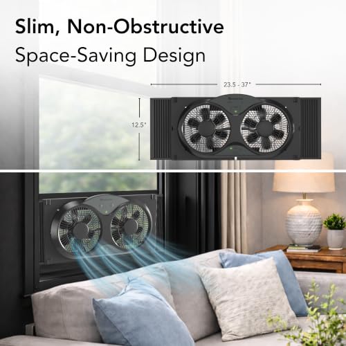 Comfort Zone 9-Inch Reversible Twin Window Fan with Remote Control – 3-Speed Dual Blade Fan with Exhaust, Cooling & Circulate Modes, Expandable Width 23.5" to 37", Removable Bug Screen & Tabletop Feet - color: Black, size: 9 inch (3-Speed w/Remote)