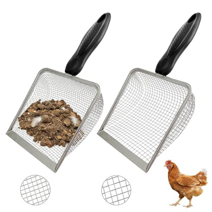 2 Pack Chicken Poop Scooper for Coop, Mesh Sifting Shovel with 3.8mm & 5mm Holes, 5.5" Metal Chicken Coop Rake and Scoop Cleaning Tool, Scooper Shovel for Sifting Sand, Litter, Chicken Supplies (5.5") - size: 5.5" 2 Set