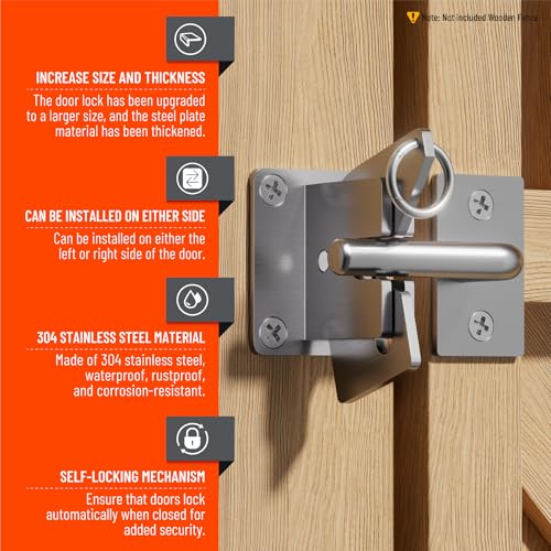 Heavy Duty Self Locking Fence Gate Lock Latch Stainless Steel, Wooden Post Mount Gate Door Latch Matte Silver 1Pack - color: Silvery White