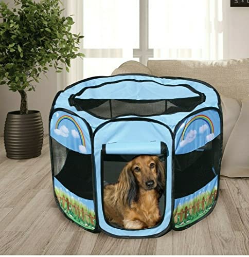 Pet Portable Foldable Play Pen Exercise Kennel Dogs Cats Indoor/outdoor tent for small medium large pets Animal Playpen with Pop up mesh cover great for travel LARGE,BLUE/GREEN - style: Large