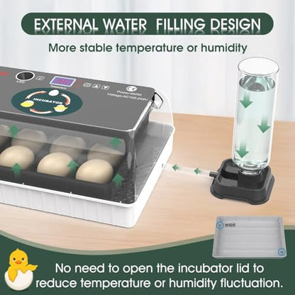 12 Egg Incubator - Automatic Egg Turner, Temperature Control, Built-in Candler, Auto Water Refill for Hatching Chicken, Duck, Quail & Bird Eggs - size: 12-EGGS-BLACK