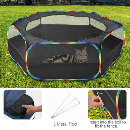 Pawaboo Small Animals Playpen, Waterproof Small Pet Cage Tent with Zippered Cover, Portable Outdoor Yard Fence with 3 Metal Rod for Chick/Kitten/Puppy/Guinea Pig/Rabbits/Hamster, Black + Rainbow - color: Black + Rainbow