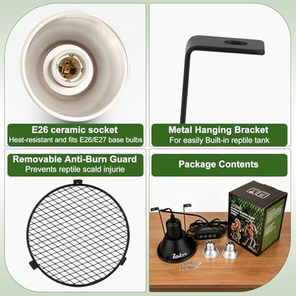 5-in-1 Reptile Heat Lamp Fixture Anti-Scald Guard 4.7 Inch Hanging Dome Light Fixture with Timer & 2 Pack 50W Halogen Basking Bulb for Bearded Dragon, Gecko, Turtle, Chameleon