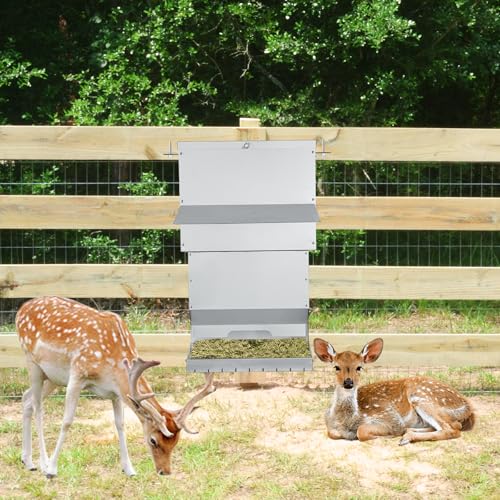 Hanging Deer Feeder,60 Pounds Waterproof Livestock Gravity Feeder Box with Lid,Galvanized Steel Deer Corn Feeder for Hunting