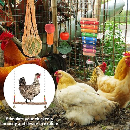 7Pack Chewing Foraging Toy for Chicken Coop Accessories Xylophone Swing Ladder Bridge Mirror Wooden Hanging Feeder Bell Toys Playing Training Toys for Budgerigar Parakeet Hens Birds Cockatiel Mynah