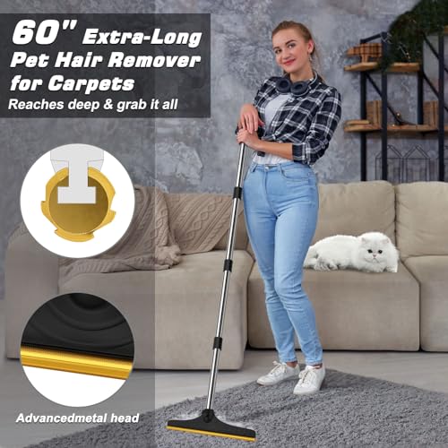 B-Land Carpet Rake for Pet Hair Removal, Reusable Pet Hair Remover with 60” Adjustable Long Handle, Carpet Scraper Broom Dog Cat Hair Remover Tool Fur Sweeper for Rugs, Mats - color: Black