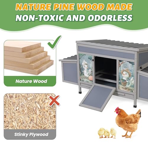 COZIWOW Chicken Coop with Nesting Boxes, 59'' Large Outdoor Poultry Hutch with 2 Perches, Weatherproof Wooden Hen House with Pull-Out Tray, Chicken Cage for Ducks & Rabbits, Gray