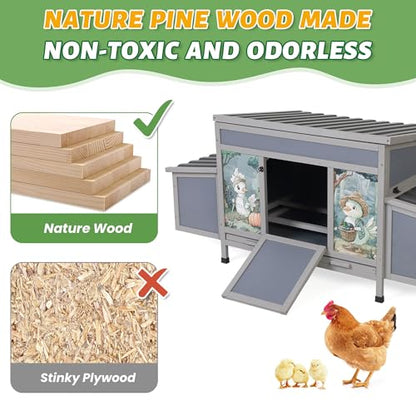 COZIWOW Chicken Coop with Nesting Boxes, 59'' Large Outdoor Poultry Hutch with 2 Perches, Weatherproof Wooden Hen House with Pull-Out Tray, Chicken Cage for Ducks & Rabbits, Gray