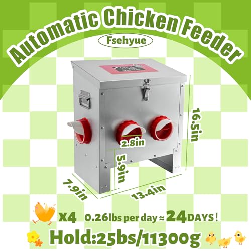 25LB Large Automatic Chicken Feeder Galvanized Metal Chicken Feeders with 4 Feeding Ports No Waste Outdoor Poultry Feeder with Handle and Locking Lid for Chickens and Ducks - size: 25LB-4 Ports