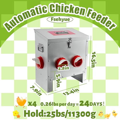 25LB Large Automatic Chicken Feeder Galvanized Metal Chicken Feeders with 4 Feeding Ports No Waste Outdoor Poultry Feeder with Handle and Locking Lid for Chickens and Ducks - size: 25LB-4 Ports