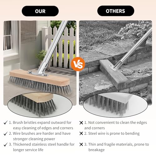 Stainless Steel Wire Scrub Brush with Long Handle, Heavy Duty Floor Scrubber Brush, Moss Remover Wire Broom for Deck, Rough Surface, Concrete Floor, Patio, Garden, Garage