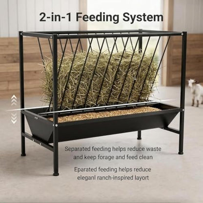 Pasture Hay Feeder 70 Gallon Heavy Duty Steel, 2-in-1 Livestock Feeder with Feed Pan, Black Powder Coated Large-Capacity Livestock Feeder for Sheep, Calf, Cow and Horse
