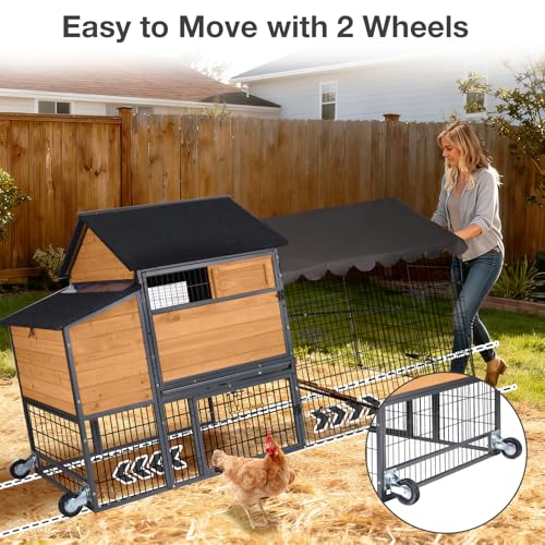 85.6" Chicken Coop with Wheels and Large Run, Heavy Duty Metal Frame Wooden Hen House for 4-6 Chickens, Mobile Poultry Cage with 3 Nesting Boxes, Waterproof Asphalt Roof & Anti-Predator Locks - color: Orange