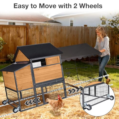 85.6" Chicken Coop with Wheels and Large Run, Heavy Duty Metal Frame Wooden Hen House for 4-6 Chickens, Mobile Poultry Cage with 3 Nesting Boxes, Waterproof Asphalt Roof & Anti-Predator Locks - color: Orange