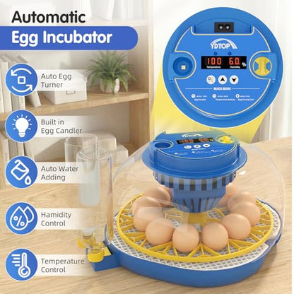 Chicken Egg Incubators for Hatching Eggs, 12 Egg Incubator with Automatic Egg Turning and Humidity Control – Chicken Incubators for Hatching Eggs with 360° View/Candler/Water Bottle Refill/Air Vent - size: 12 Eggs
