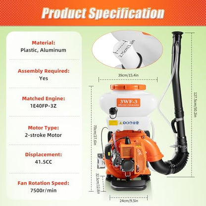 41CC Backpack Fogger Sprayer, 3.7gal Gas Powered Mist Blower 2.13kW Agricultural Mister Duster System with 2-Stroke Motor & Tank for Gardening & Farming 15.4 * 12.8 * 27.6in