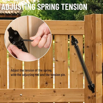 14" Gate Spring Self Closing Heavy Duty Outdoor Door Spring Automatic Fence Gate Closure Hardware Spring Loaded Gate Latch with Adjustable Tool for Wooden and Vinyl Fence, Black (2 Pack) - size: 14 Inch