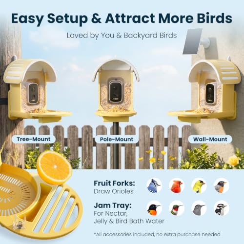 Smart Bird Feeder with Camera, Yellow | 2.5K UHD, AI Identifies 11,000+ Bird Species, Real-time Videos & Pictures, Solar Powered, Wireless for Outdoor, Gift - color: Yellow
