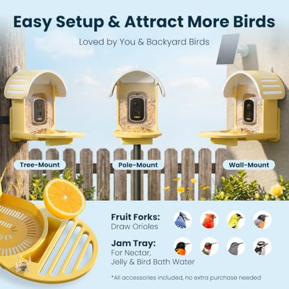 Smart Bird Feeder with Camera, Yellow | 2.5K UHD, AI Identifies 11,000+ Bird Species, Real-time Videos & Pictures, Solar Powered, Wireless for Outdoor, Gift - color: Yellow