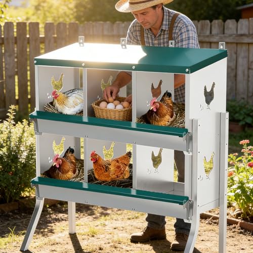 Garvee Large Metal Chicken Nesting Boxes for Hens, 6 Compartment Galvanized Steel Nesting Box with Legs, Includes 4 Fake Eggs & 10 Soft Nest Pads, Wall Mount or Freestanding for Coop & Farm - style: 6 Holes w/ Legs