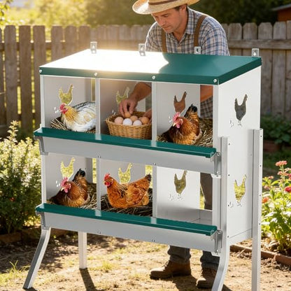 Garvee Large Metal Chicken Nesting Boxes for Hens, 6 Compartment Galvanized Steel Nesting Box with Legs, Includes 4 Fake Eggs & 10 Soft Nest Pads, Wall Mount or Freestanding for Coop & Farm - style: 6 Holes w/ Legs