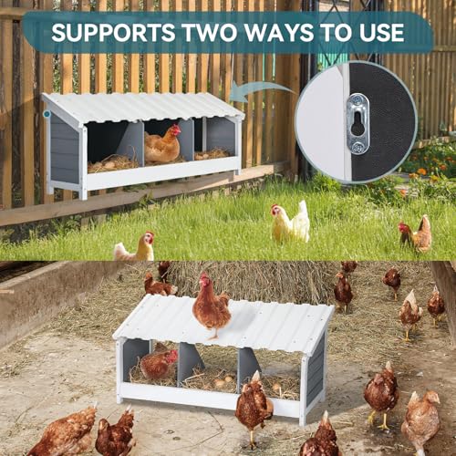 PETSFIT 3 Holes Chicken Nesting Box-All Weather PVC Roof, Natural Wood Design with Privacy Back Panel for Hens-Wall Mounted or Floor Use in Coops, Farms, Backyards,Easy to Assemble and Clean - size: 3 Holes