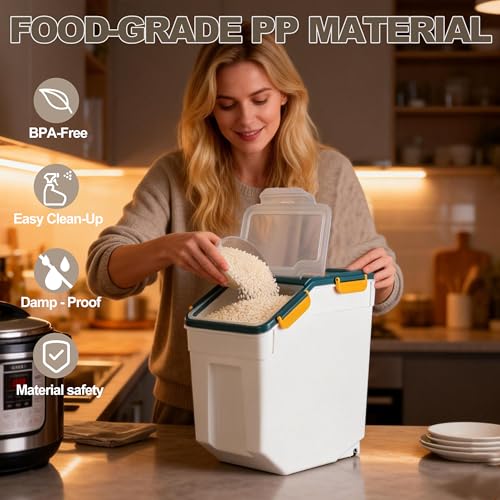 RUIAN 2Pcs Large Flour Storage Container Bin 25Lb Airtight Rice Storage Containers with Wheels Seal Locking Lid, BPA Free with Measuring Cup&Scoop for Flour, Rice, Grain(Blue) - color: Blue 2Pack 25Lb