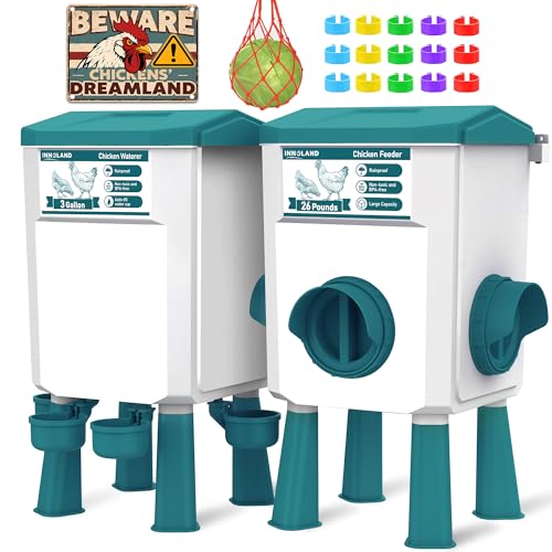 Chicken Feeder and Waterer Set - 2.8 Gallon/26 Pounds, Automatic Chicken Waterer with 4 Cups & 3 Feeder Ports, No Waste Poultry Feeders & Waterers, Chicken Coop Accessories for Hens/Ducks/Poultry