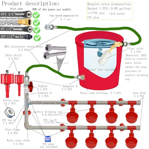 Complete Set Pipeline Automatic Chicken Waterer System,1/2" PVC Pipe Accessories DIY Kit with 2 Hose,chicken water cup,chicken waters,poultry waterer,Duck water feeder for Quail Chicken Duck Goose