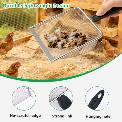 2 Pack Chicken Poop Scooper for Coop, Mesh Sifting Shovel with 3.8mm & 5mm Holes, 5.5" Metal Chicken Coop Rake and Scoop Cleaning Tool, Scooper Shovel for Sifting Sand, Litter, Chicken Supplies (5.5") - size: 5.5" 2 Set
