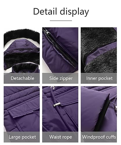 MOERDENG Women's Long Winter Puffer Coat Waterproof Warm Maxi Down Jacket Faux Fur Removable Hood Parka - color: Purple, size: Small