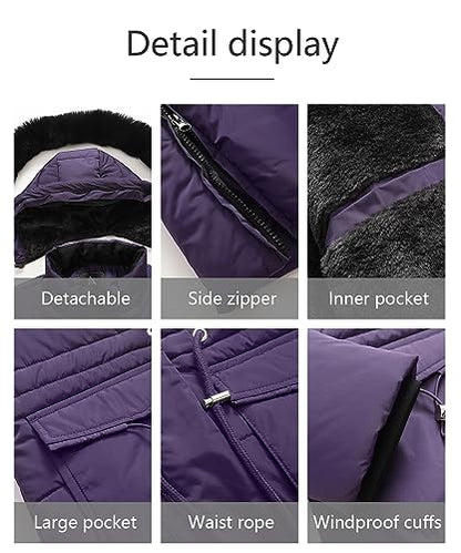 MOERDENG Women's Long Winter Puffer Coat Waterproof Warm Maxi Down Jacket Faux Fur Removable Hood Parka - color: Purple, size: Small