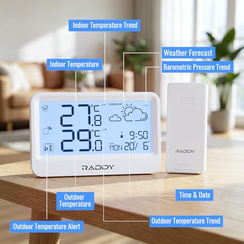 Raddy WF-60 Digital Home Weather Station, Indoor Outdoor Thermometer with Weather Forecast, Professional Temp Monitor with Frost Alarm, Alarm Clock, Battery Operated, for Home Garden