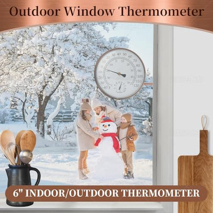 6 inch Outdoor Thermometer for Greenhouse, Garage and Patio. Weatherproof & Decorative Outside Temperature Gauge for Window, Antique Copper with Humidity (Easy-Read Brass Swivel Design)