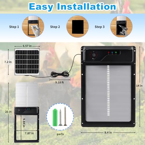Automatic Chicken Coop Door Solar Powered USB Charging, Battery Operated, HD1080P Camera, Auto Pet Door Opener with Timer, Remote & APP Control, Anti-Pinch, Alarm Drive 4 Modes (Lift Door)