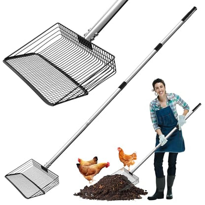 10 Inch Large Metal Chicken Poop Scooper with Adjustable 24–68 Inch Stainless Steel Handle, Heavy Duty Litter Sifting Shovel for Chicken Coop, Cat Litter, Yard, Farm Cleaning Tool