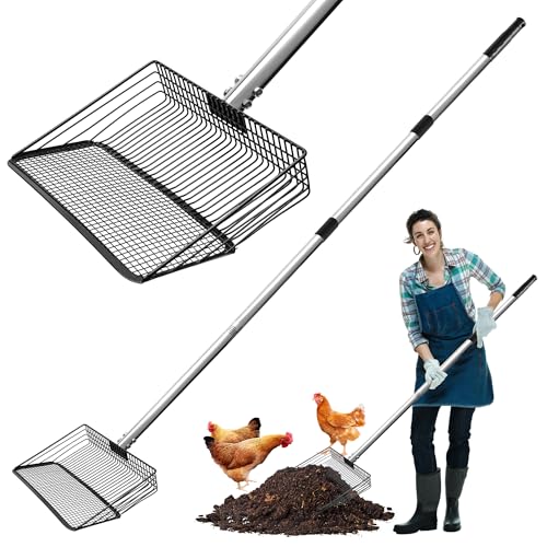 10 Inch Large Metal Chicken Poop Scooper with Adjustable 24–68 Inch Stainless Steel Handle, Heavy Duty Litter Sifting Shovel for Chicken Coop, Cat Litter, Yard, Farm Cleaning Tool