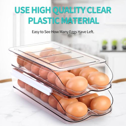 RoskDeewat Egg Holder for Fridge, Automatically Rolling Egg Container for Refrigerator, Clear Plastic Fridge Organizers and Storage with Lid, Stackable Egg Dispenser & Tray (3 Tier) - size: 3 Tiers Holder 42 Eggs