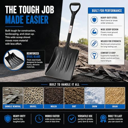 Tie Down Heavy Duty Steel Scoop Shovel – 37" Compact All Metal Transfer Shovel with D-Handle for Mulch, Ash, Feed, Snow, Compost & Farm Cleanup - size: 37 Inches
