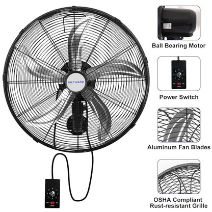BILT HARD 20" Oscillating Wall Mount Fan, 3-Speed 5900 CFM High Velocity Wall Mounted Fan with Wired Remote, Heavy Duty Industrial Wall Fan for Commercial, Garage and Warehouse - size: 20 in.