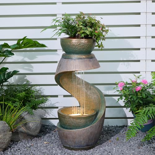 31.9" Outdoor Water Fountain with Lights – S-Shaped Water Feature Outdoor Modern Resin Waterfall Feature with Bowl Planter, Decorative Garden Fountain for Patio Balcony Porch Yard, Gold - color: Gold, size: 31.92inch